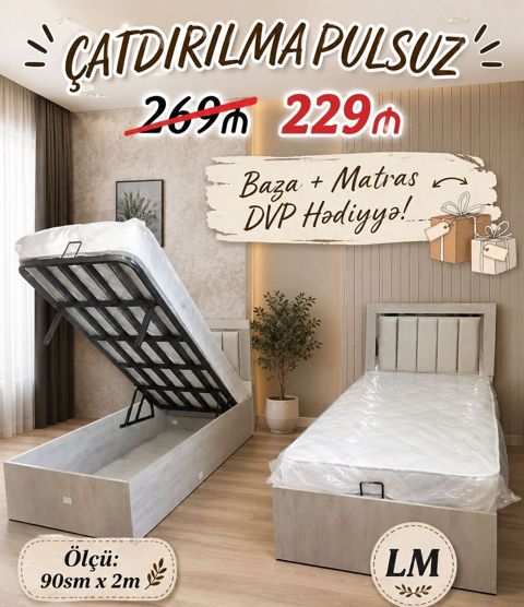 Tek nəfərlik yataq dəsti – baza + matras - Ölçü: 90 sm x 2 m - Yuxarı — Bakı