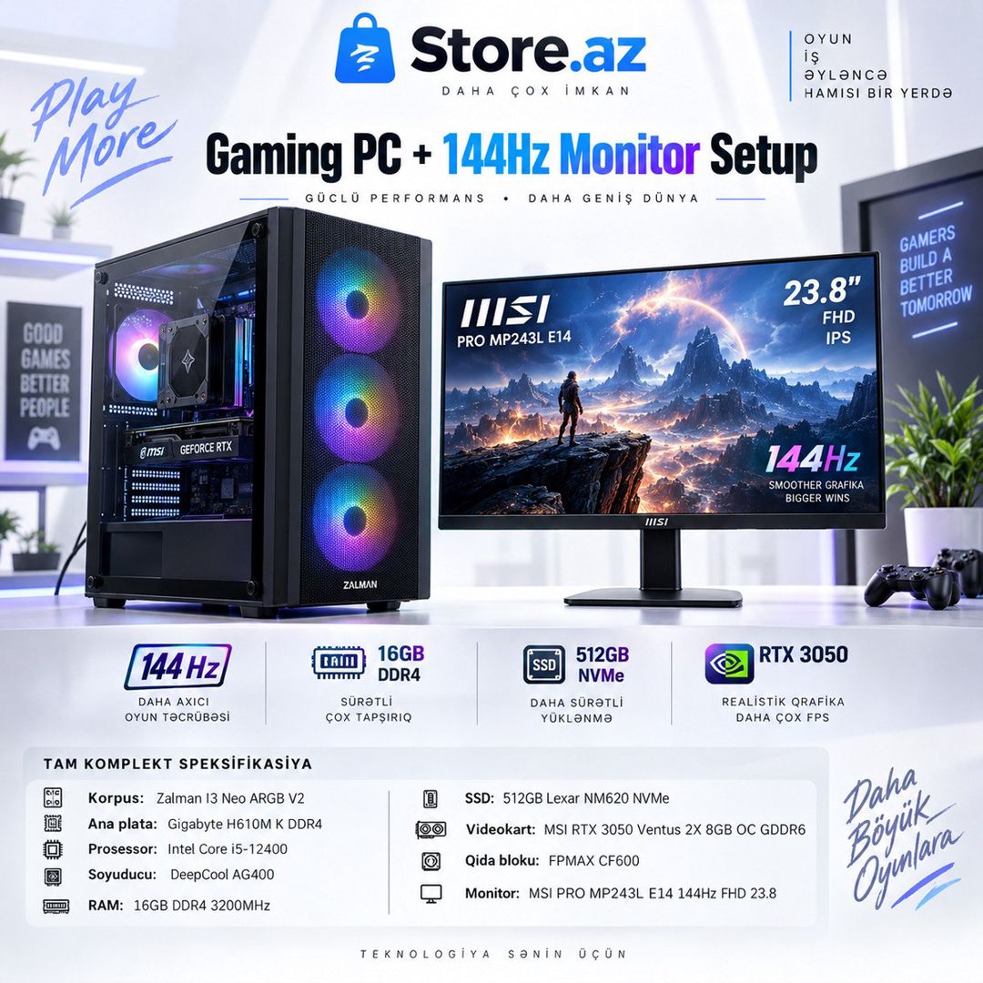 Gaming PC + MSI 144Hz Monitor Setup — Masaüstü kompüterlər, Bakı