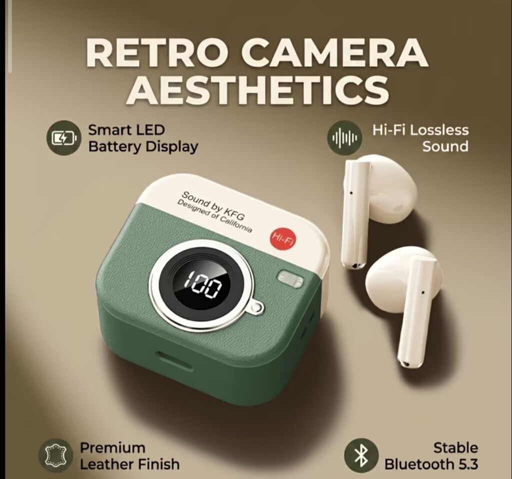 Retro kamera dizaynlı Hi‑Fi simsiz qulaqlıq seti - Vintage üslublu — Qulaqcıqlar, Digah (2)