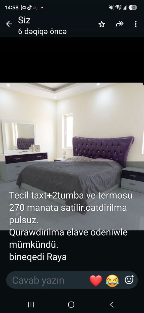Yataq otağı dəsti: - Taxt - 2 tumbə - Termos Xüsusiyyətlər: - Başlıq — Sumqayıt