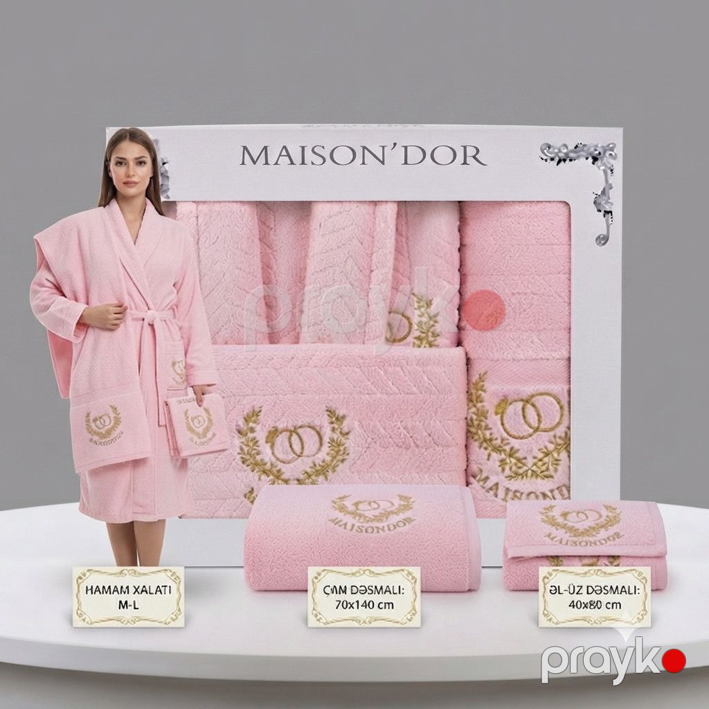 Dəst Maison D'or (hamam xalatı + bədən dəsmalı 70x140 sm + əl və üz dəsmalı 40x80 sm), mikrofiber, çəhrayı, ölçü M/L — Mallar, Bakı (3)