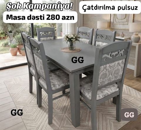Masa dəsti – 280 AZN Çatdırılma pulsuz Tərkibi: - 1 ədəd düzbucaqlı — Masalar və stullar