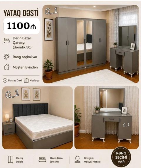 Yataq Dəsti G_1 Qiymət: 1100 Komplekt: - Dərin bazalı çarpayı — Dolab Taxt Çarpayı Mebel Fabriki ✨Əfsanə.x — Bedroom furniture sets