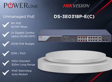 Hikvision DS-3E0318P-E(C) 16 Port PoE+ Switch — Powerlink Azərbaycan — Şəbəkə və server avadanlıqları