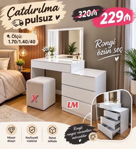 Vizaj stolu və güzgü dəsti - Ölçü: 1.70 / 1.40 / 40 - Müasir dizayn — Sumqayıt