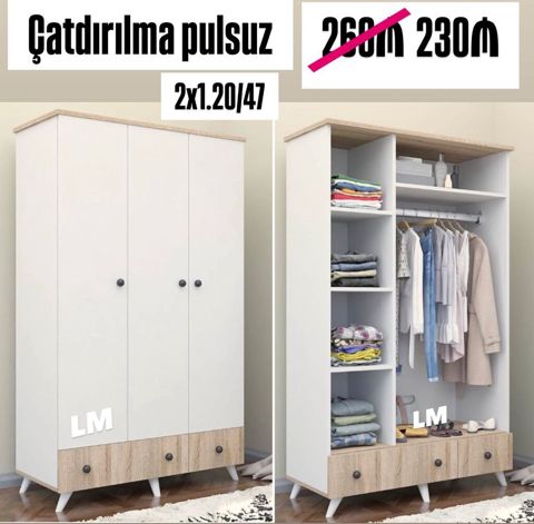 Üç qapılı garderob şkaf - Ölçü: 2x1.20/47 (hündürlük x en x dərinlik) — Bakı