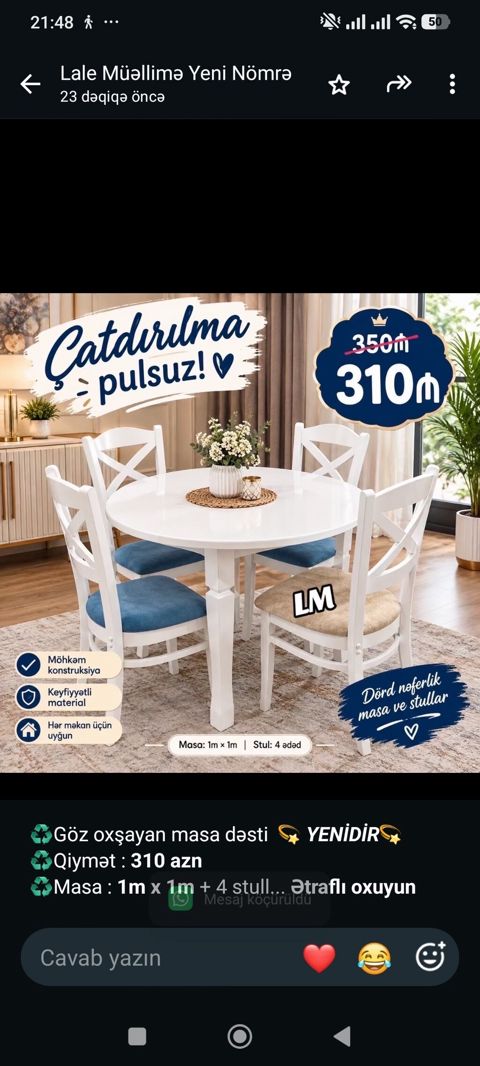 Göz oxşayan masa dəsti _*Yenidir Qiymət *310 azn* — Bakı