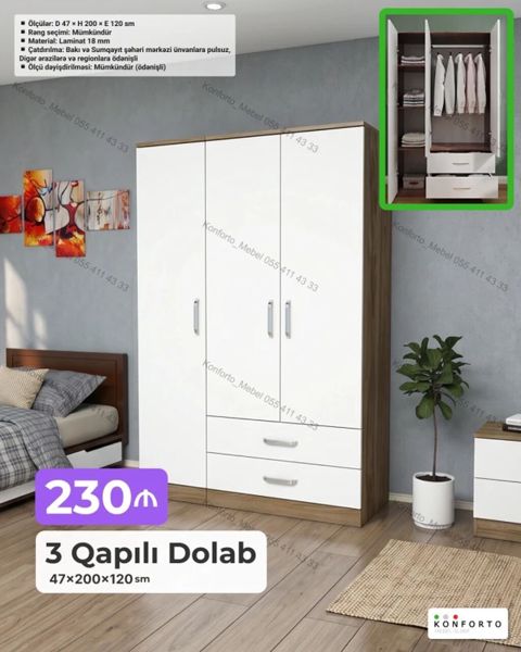 3 qapılı geyim dolabı – 47×200×120 sm - Material: 18 mm laminat — Bakı