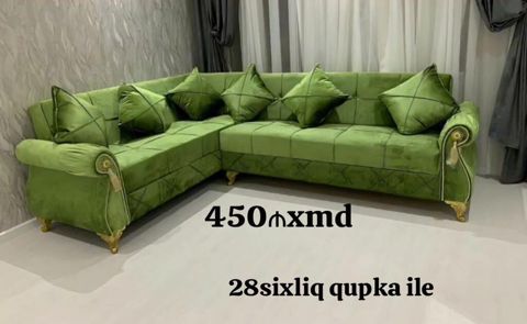 Yaşıl məxmər L formalı künc divan - Ölçü: 2.8 m (28sixliq) uzunluq — Yumşaq mebel