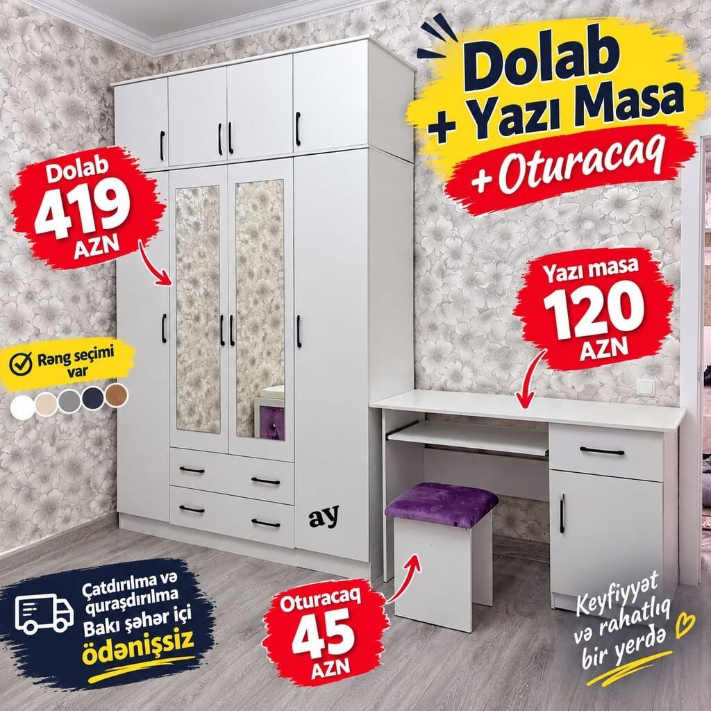 Mebel dəsti: Dolab + Yazı masası + Oturacaq - Dolab: 3 qapılı böyük — Masalar və stullar, Bakı