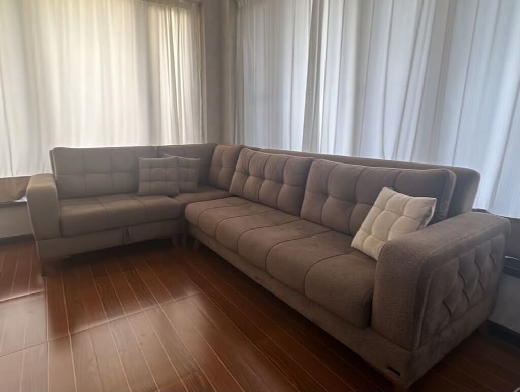 L‑şəkilli yumşaq künc divan dəsti - Rəng: isti qəhvəyi/boz tonlarda — Yumşaq mobilya dəstləri, Sumqayıt