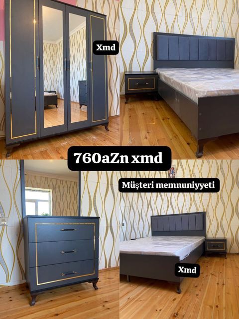 Yataq otağı mebeli dəsti – tünd boz rəngdə, qızılı dekor xətləri ilə — Bakı