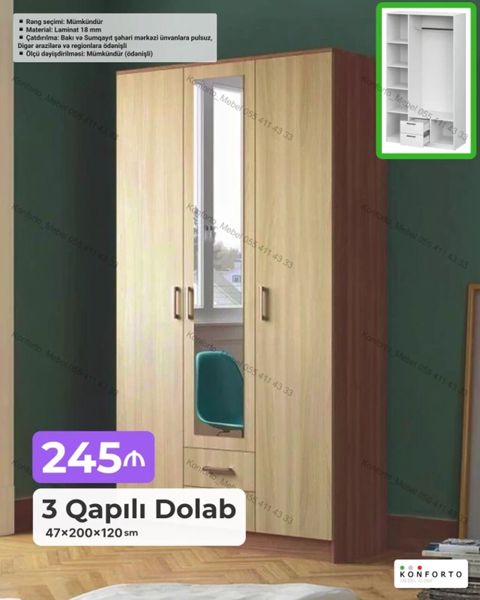 3 qapılı geyim dolabı Ölçü: 47×200×120 sm Material: Laminat 18 mm — Bakı