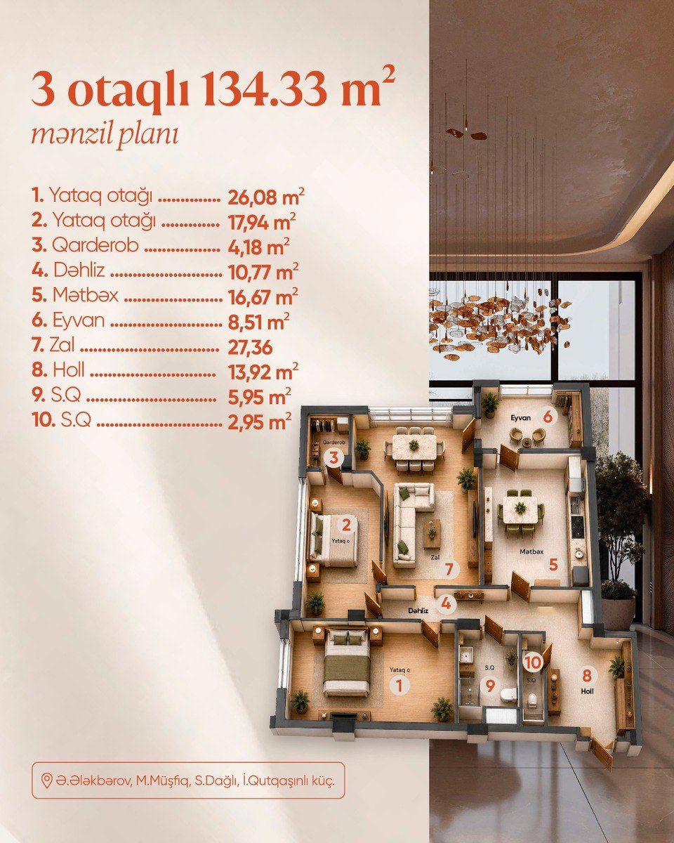 Satılır 3 otaqlı yeni tikili 134.3 m² — Mənzil, Bakı