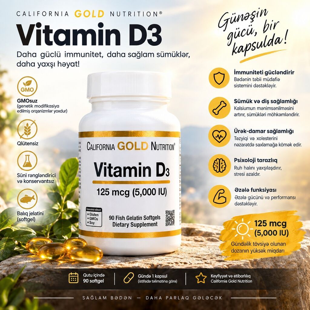 California Gold Nutrition Vitamin D3 – 125 mcg (5,000 IU) - Tərkib — Vitaminlər və qida əlavələri, Bakı