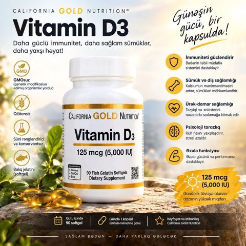 California Gold Nutrition Vitamin D3 – 125 mcg (5,000 IU) - Tərkib — Bakı