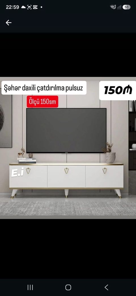 TV altlığı / TV tumbası - Ölçü: 150 sm - Rəng: ağ, qızılı detallarla — Bakı