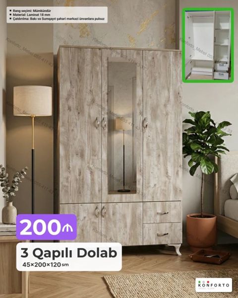 3 qapılı geyim dolabı – 45×200×120 sm ölçü. Material: 18 mm laminat — Bakı