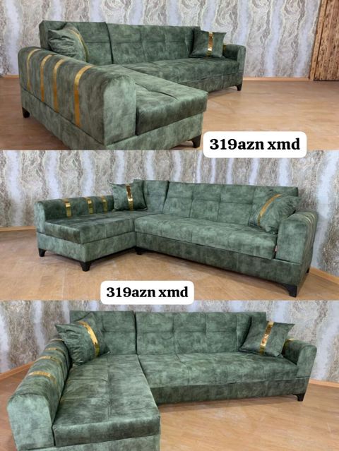 Künc divan, L formalı - Rəng: zeytun-yaşıl - Parça: yumşaq, məxməri — Sumqayıt