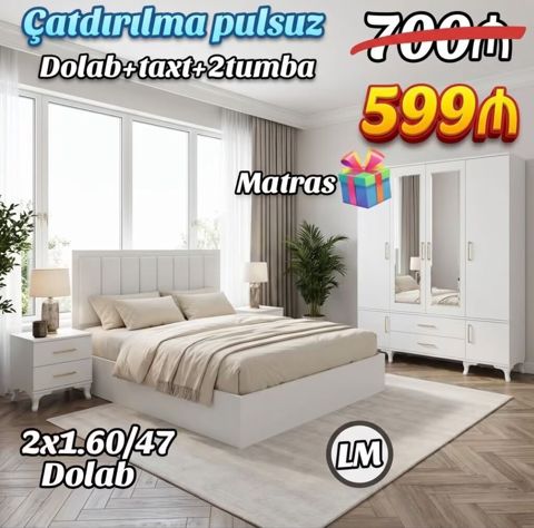Yataq otağı dəsti – Dolab + taxt + 2 tumbə - Ölçü: taxt 2 x 1.60 / 47 — Bakı