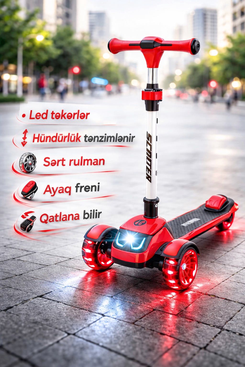 Skuter FRD Neon Ride 3 təkərli, Red Flash Edition, tənzimlənən hündürlük, işıqlı təkərlər — Mallar, Bakı