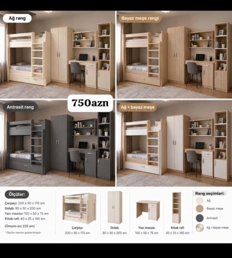 Uşaq/yeniyetmə otağı üçün funksional mebel dəsti Dəst tərkibi — Uşaq mebel dəstləri