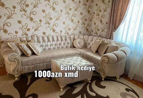Klassik üslubda L formalı yumşaq mebel dəsti - Rəng: açıq bej/krem — Bakı