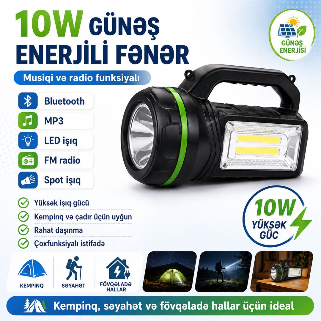 Əl fənəri QOB8, günəş enerjisi ilə, qara — Mallar, Bakı