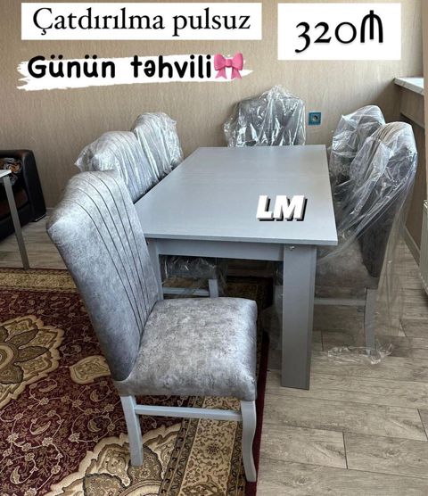 Yemək otağı dəsti: 1 masa + 6 stul - Rəng: boz (monoxrom dizayn) — Masalar və stullar