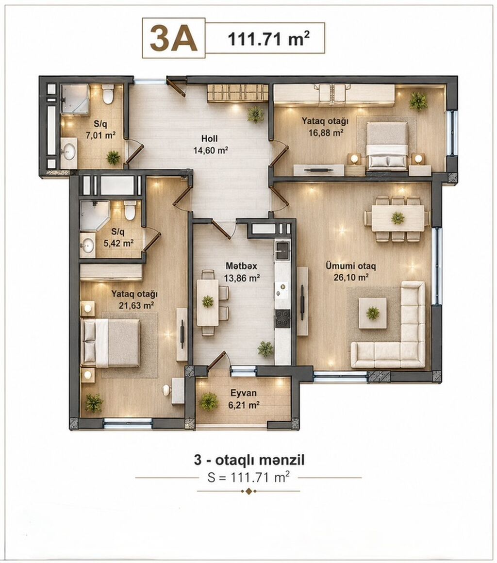3 otaqlı, Yeni tikili, 112 kv. m — Mənzil, Xırdalan (3)