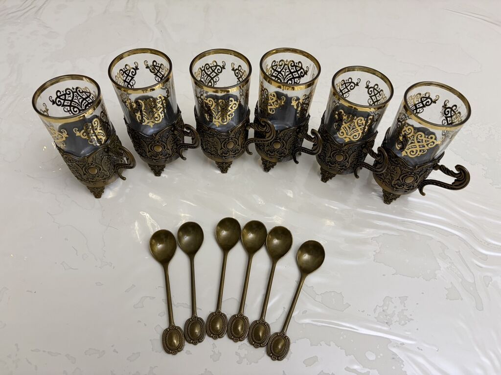 Çay dəsti, rəng - Qızılı, Şüşə, 6 nəfərlik — Süfrə qabı, Xırdalan (4)