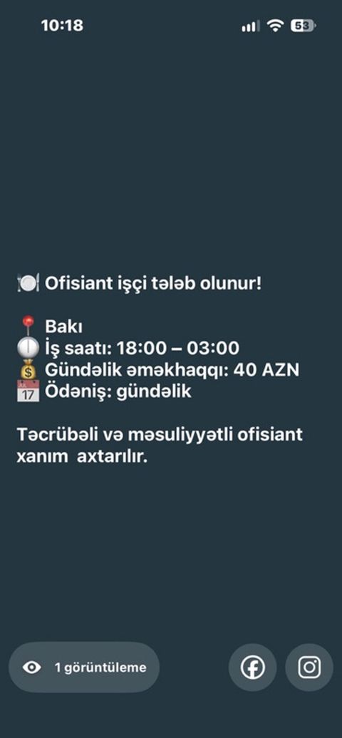 Ofisiant tələb olunur, Gündəlik ödəniş — Bakı