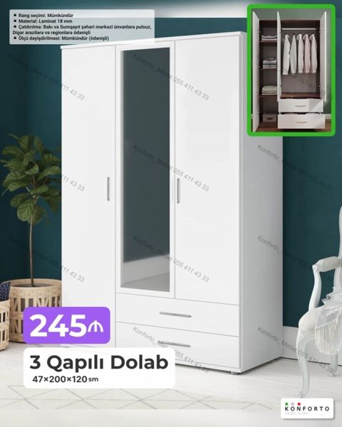 3 qapılı paltar dolabı – 47×200×120 sm - Material: 18 mm laminat — Bakı