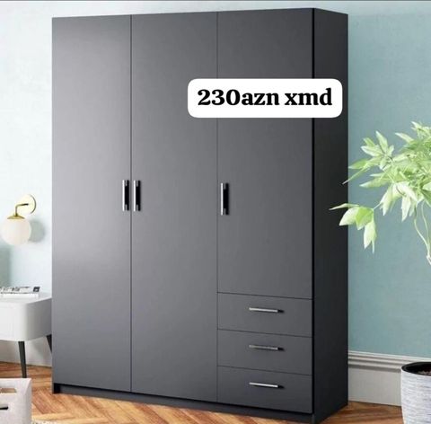 Qarderob şkafı – 3 qapılı, 3 çekmecəli, tünd boz rəng. - Minimalist — Sumqayıt