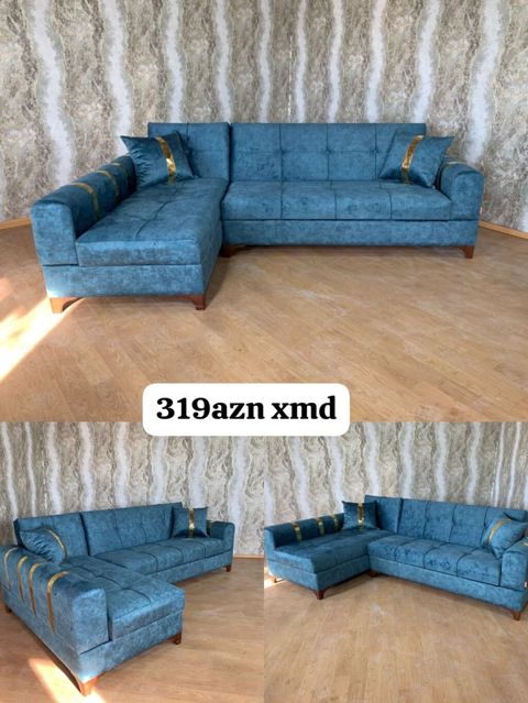 Künc divan – mavi/teal rəngli, yumşaq məxməri toxumalı parça. Modern — Sumqayıt