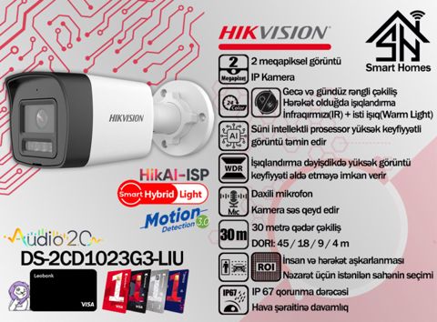 Hikvision ColorVu 3.0 2MP IP videomüşahidə kamerası DS-2CD1023G3-LIU — Bakı