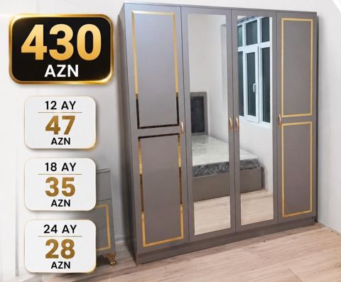 Çoxfunksiyalı 4 qapılı dolab - Rəng: boz, qızılı dekor xətləri ilə — Sumqayıt