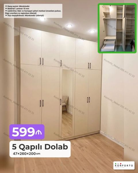 5 qapılı geyim dolabı – 47×260×200 sm Xüsusiyyətlər: - Material: 18 — Bakı