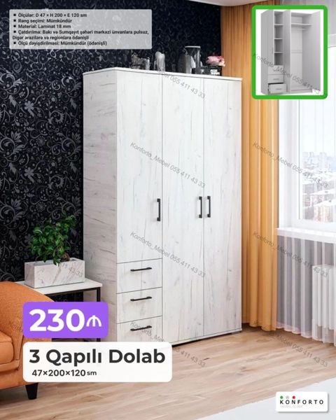 3 qapılı geyim dolabı Ölçülər: 47 200 120 sm Material: 18 mm — Bakı