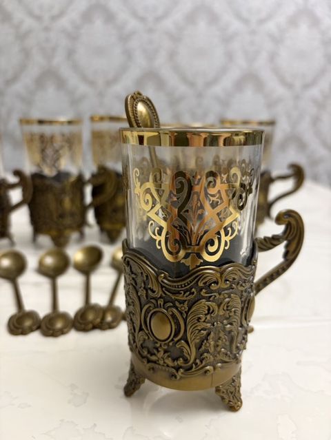 Çay dəsti, rəng - Qızılı, Şüşə, 6 nəfərlik — Xırdalan