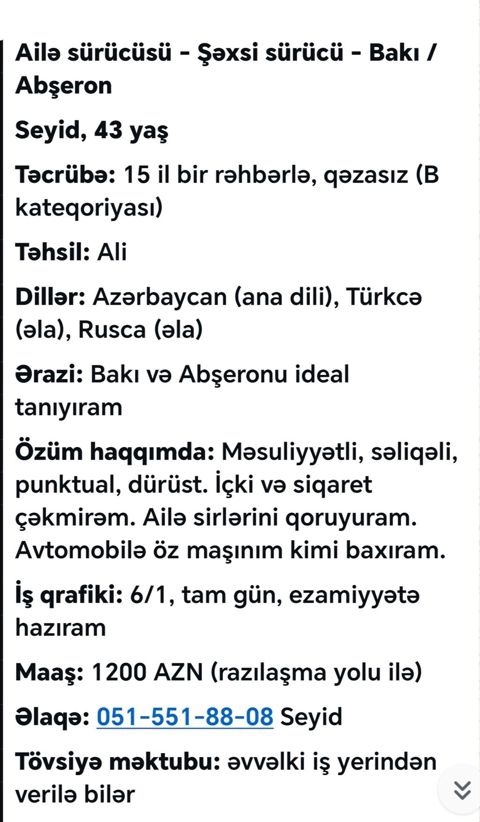 Şəxsi sürücü, 44 yaş, stajı 15 il, Nəqliyyat təmin edilir — İş axtarıram