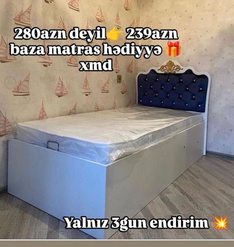 Tək nəfərlik çarpayı – bazalı model - Rəng: ağ korpus, tünd mavi — Bakı
