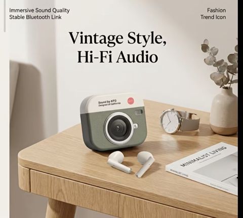 Retro kamera dizaynlı Hi‑Fi simsiz qulaqlıq seti - Vintage üslublu — Digah
