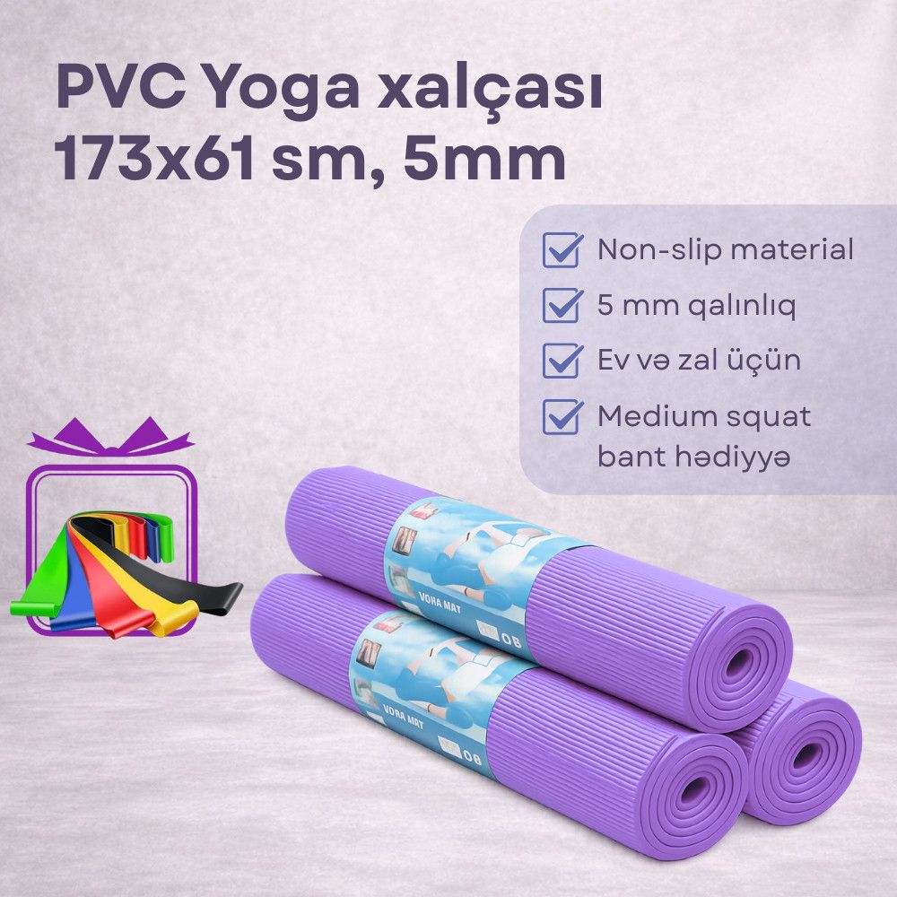 Yoqa üçün xalça, PVX, bənövşəyi, 173x61 sm, 5 mm Hədiyyə Fitness rezin bantı — Mallar, Bakı