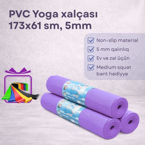 Yoqa üçün xalça, PVX, bənövşəyi, 173x61 sm, 5 mm Hədiyyə Fitness rezin bantı — Bakı