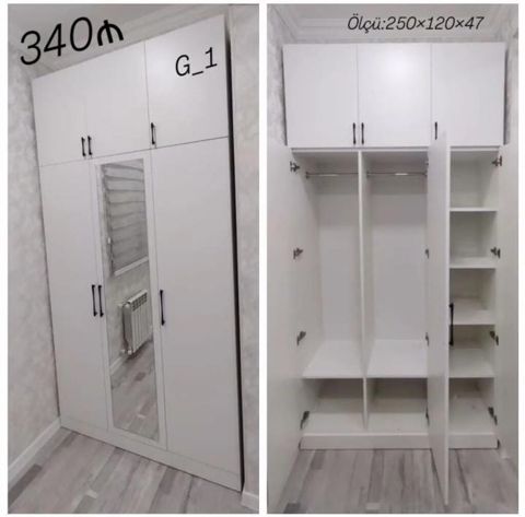 Ağ rəngli çoxfunksiyalı paltar dolabı - Model: G_1 - Ölçü: 250×120×47 — Dolab Taxt Çarpayı Mebel Fabriki ✨Əfsanə.x — Шкафы