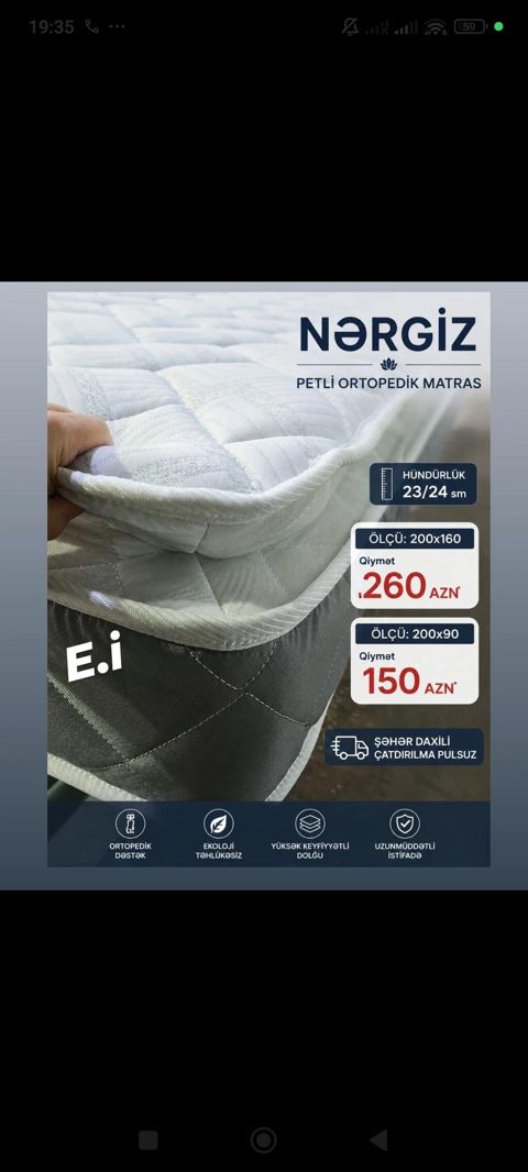 Nərgiz petli ortopedik matras Xüsusiyyətlər: - Hündürlük: 23/24 sm — Sumqayıt