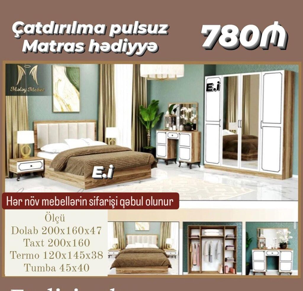 Yataq otağı mebel dəsti – 780₼ Çatdırılma pulsuz, matras hədiyyə — Yataq otağı mobilya dəstləri, Bakı