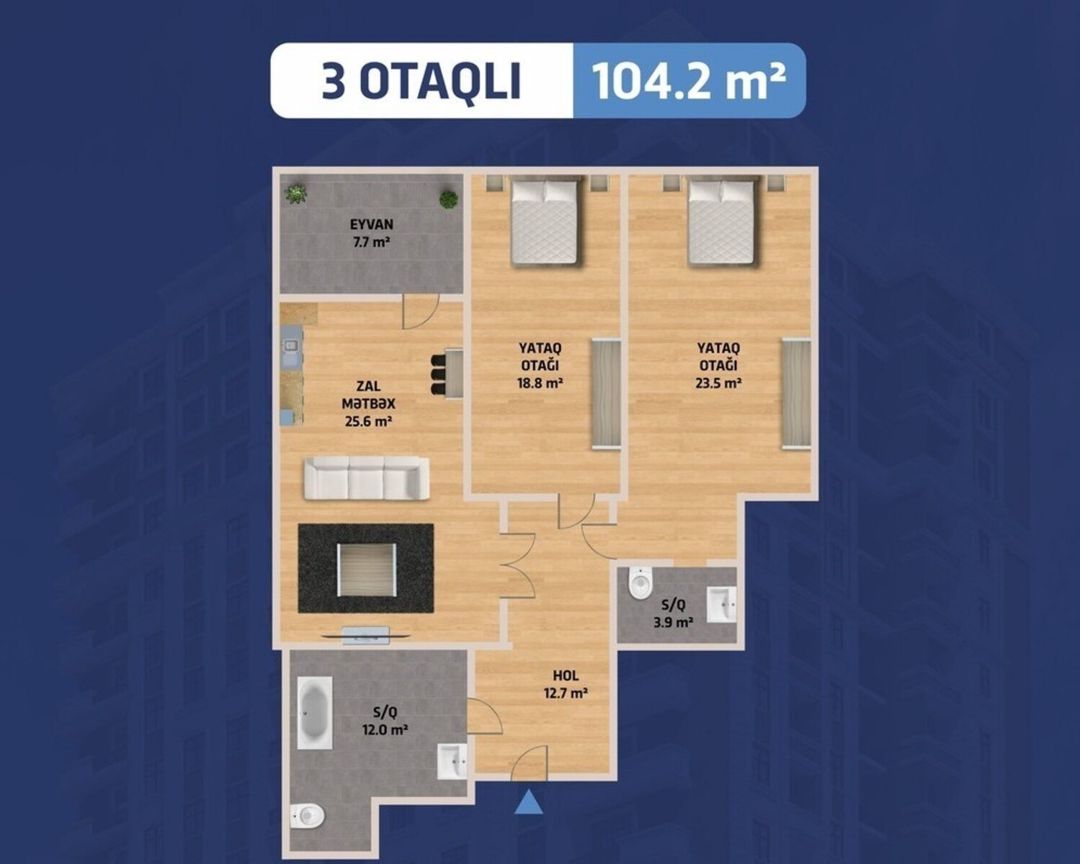 Satılır 3 otaqlı yeni tikili 104.2 m² — Mənzil, Bakı (2)