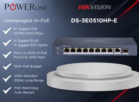 Hikvision DS-3E0510HP-E 8 Port Gigabit Unmanaged Hi-PoE Switch — Powerlink Azərbaycan — Şəbəkə və server avadanlıqları
